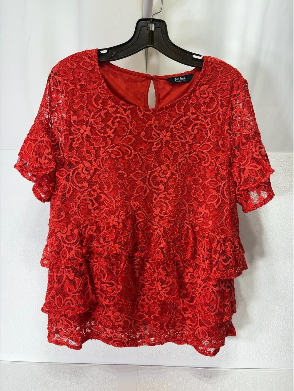 Du Jour Red Lace Tiered Short Sleeve Blouse 2715
